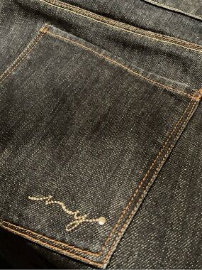 New York & Company Dark Indigo Slim Straight Jeans with Orange Stitching